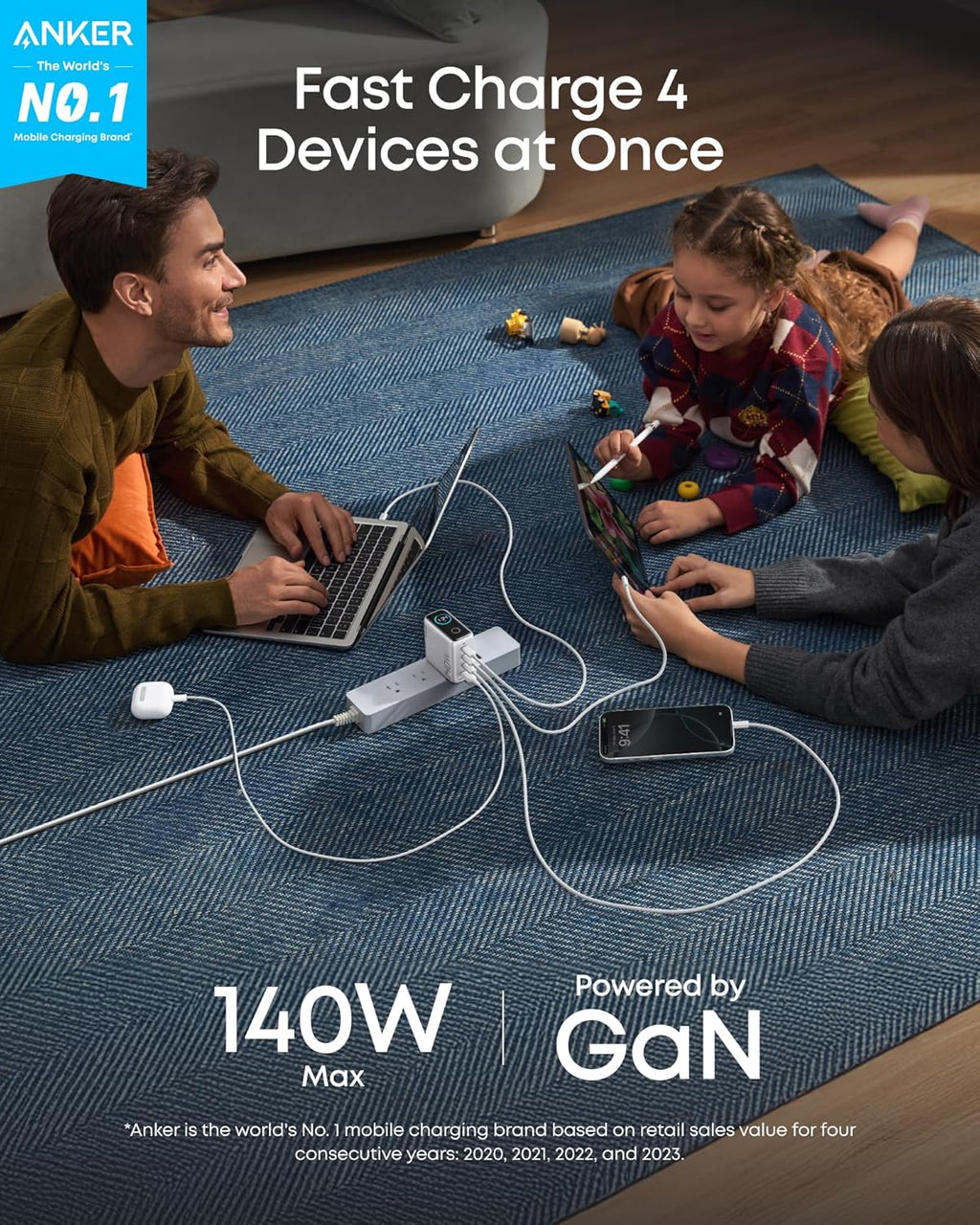 Anker Charger (140W, 4-Port, PD 3.1), Anker Laptop Power Bank, and Anker USB-C to USB-C Cable