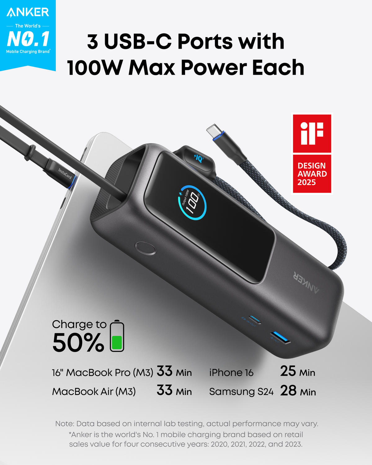 Bundle kit: Anker Laptop Power Bank (25K, 165W, Built-In and Retractable Cables) and Anker Nano Travel Adapter (5-in-1, 20W, 1-Pack)
