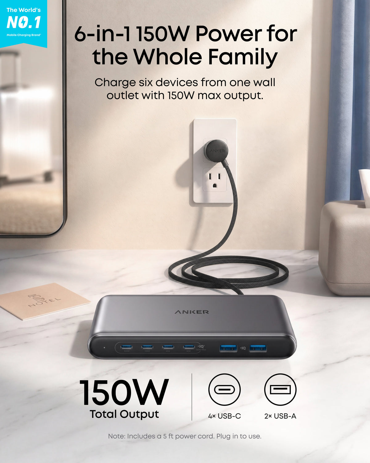 Anker Travel Charging Station, 6-in-1 150W, 100W Laptop Charger