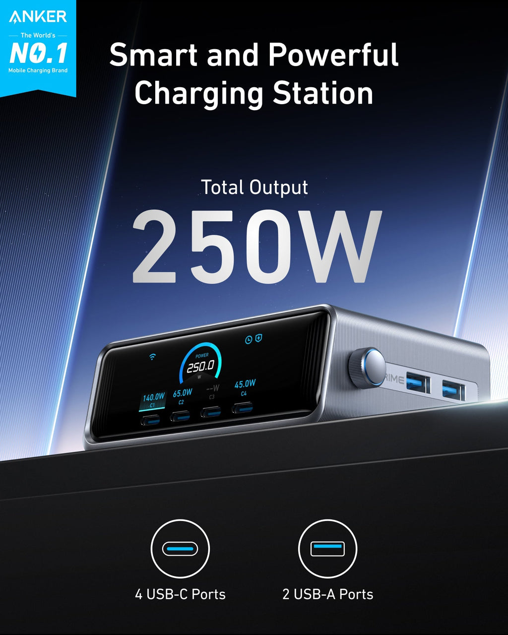 Bundle kit: Anker Prime Charger (250W, 6 Ports, GaNPrime) with USB-C to USB-C Cable (240W)