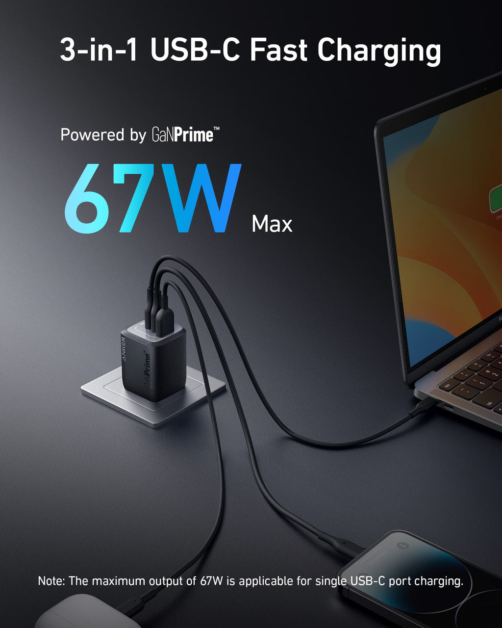 Refurbished Anker Prime 67W GaN Wall Charger (3 Ports)