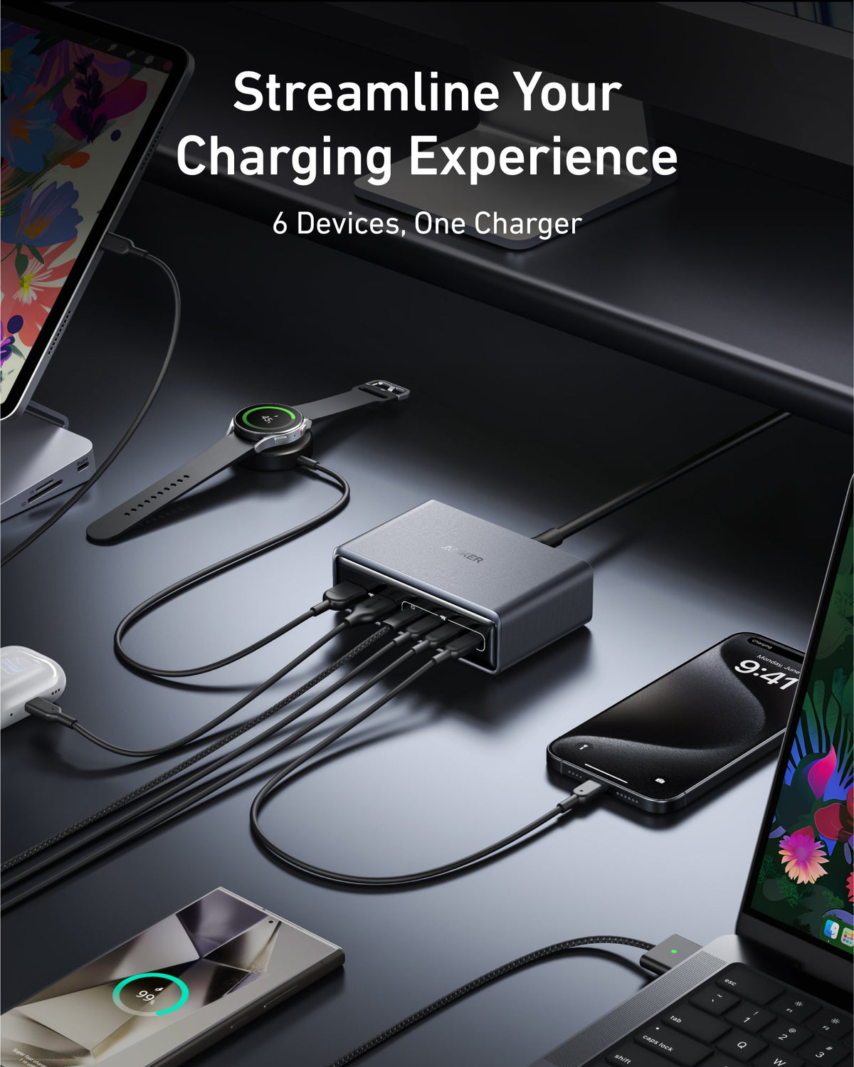Bundle kit:Anker Prime Charger (200W, 6 Ports, GaN) and USB-C to USB-C 100W Cable (10 ft)