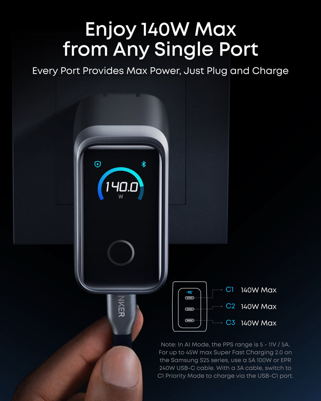Bundle kit: Anker Prime Charger (160W, 3 Ports, Smart Display) with Anker Prime USB-C to USB-C Cable (240W, Upcycled-Braided)