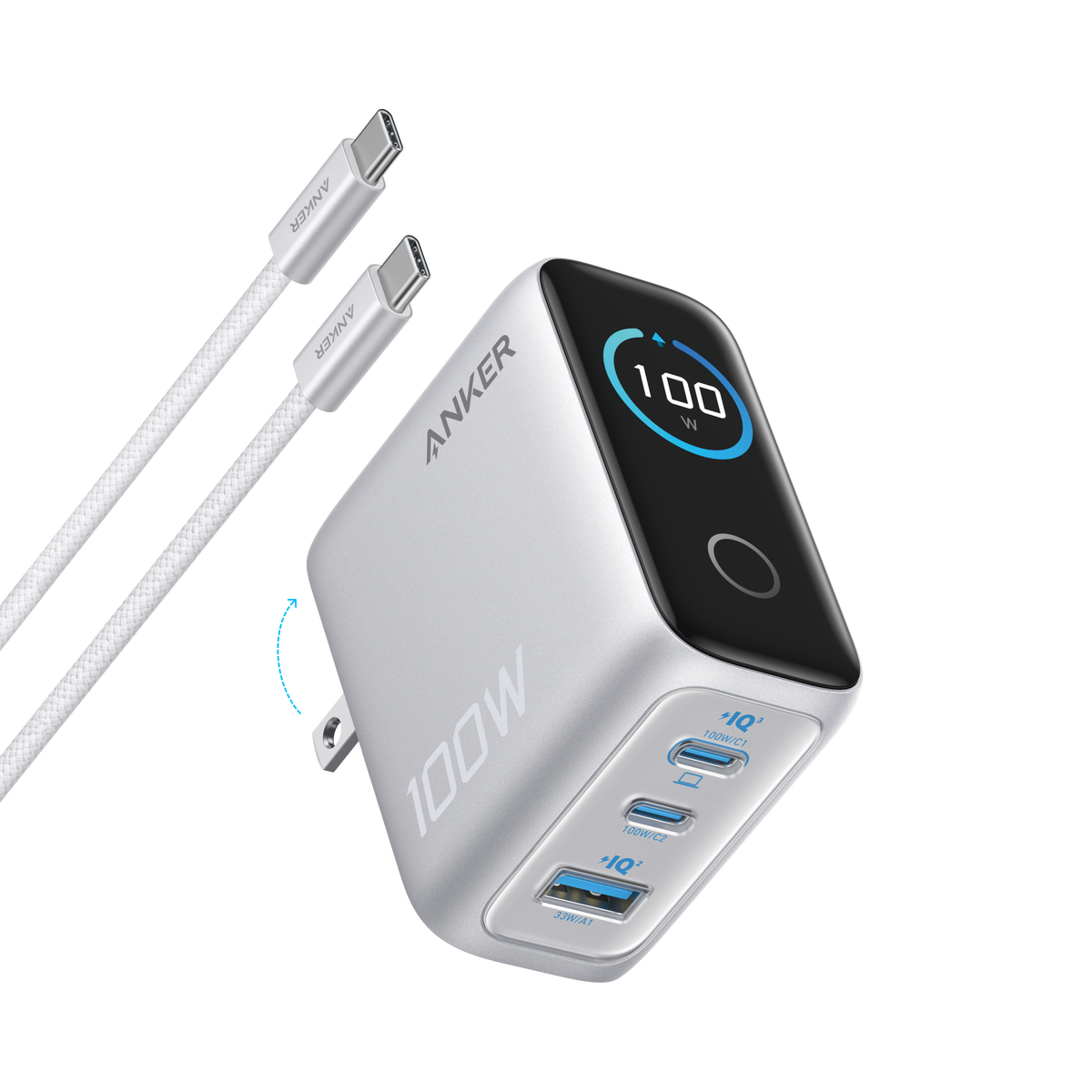 Anker Charger (100W, 3 Ports, Smart Display)