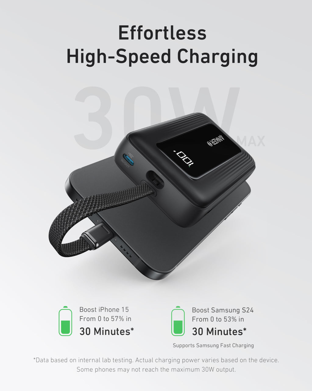 Refurbished Anker Zolo Power Bank (10K, 30W) with a 5.4-inch (13.7 cm) built-in USB-C cable.