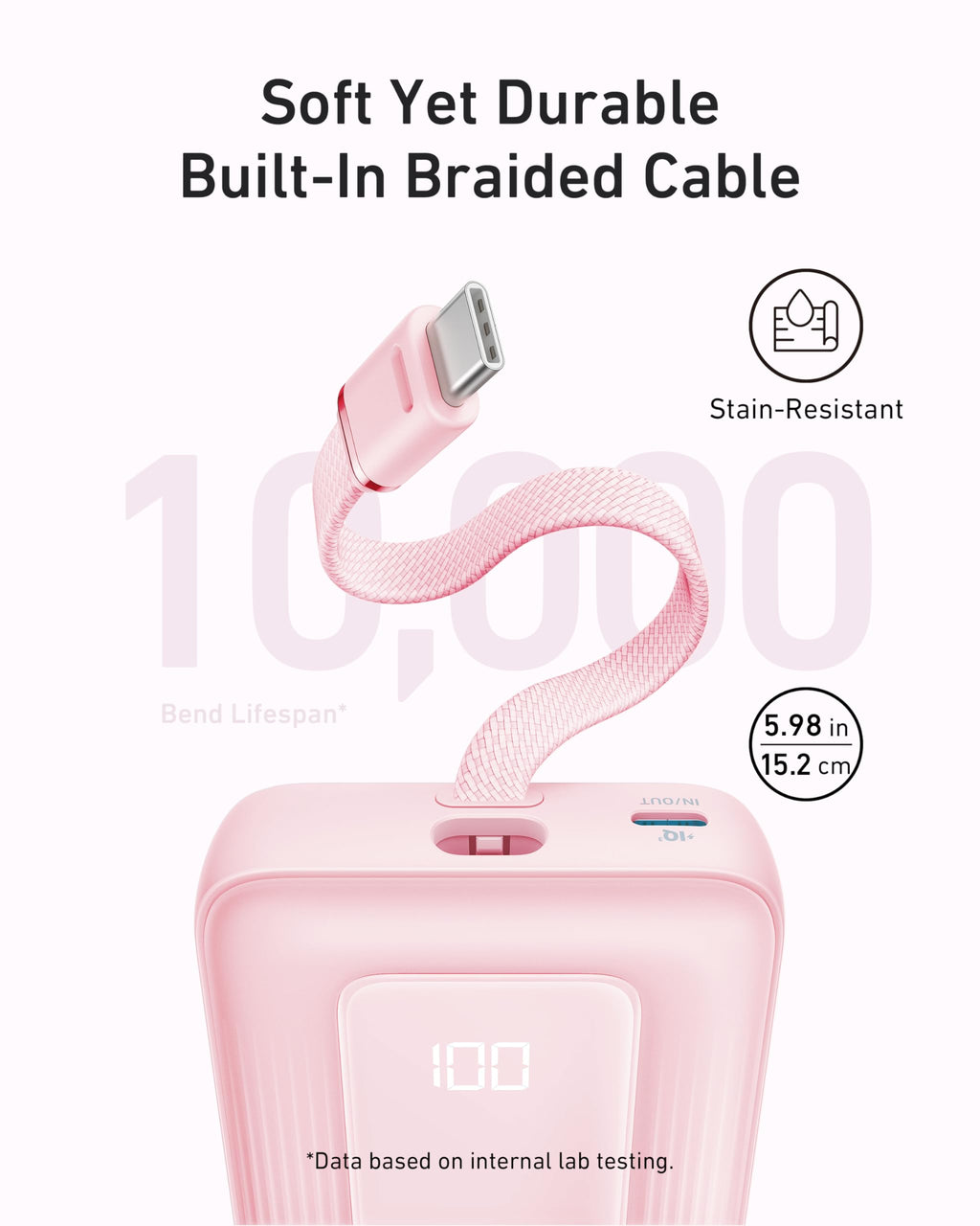Refurbished Anker Zolo Power Bank (10K, 30W) with a 5.4-inch (13.7 cm) built-in USB-C cable.