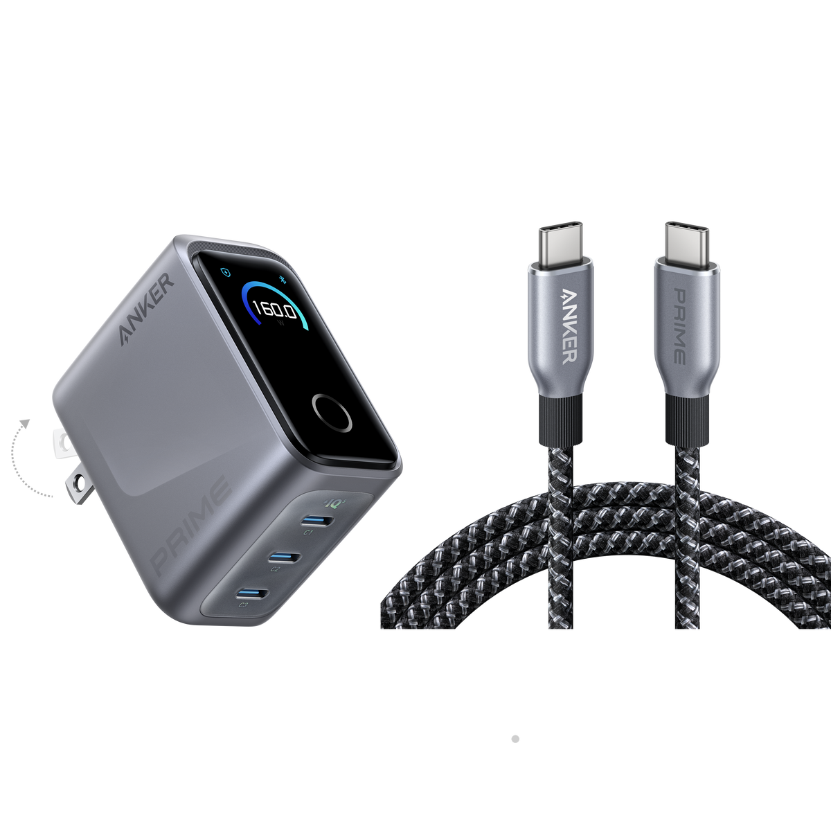 Bundle kit: Anker Prime Charger (160W, 3 Ports, Smart Display) with Anker Prime USB-C to USB-C Cable (240W, Upcycled-Braided)