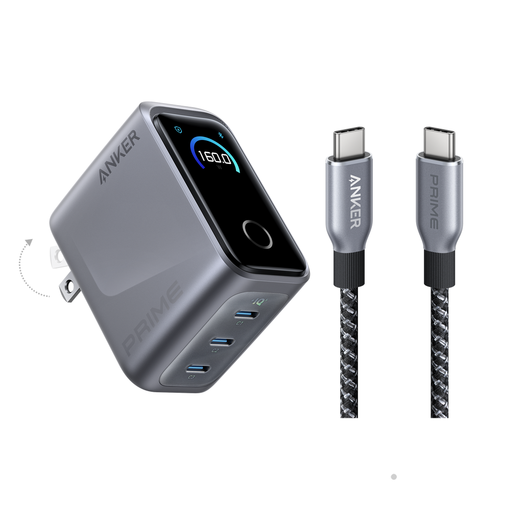 Bundle kit: Anker Prime Charger (160W, 3 Ports, Smart Display) with Anker Prime USB-C to USB-C Cable (240W, Upcycled-Braided)