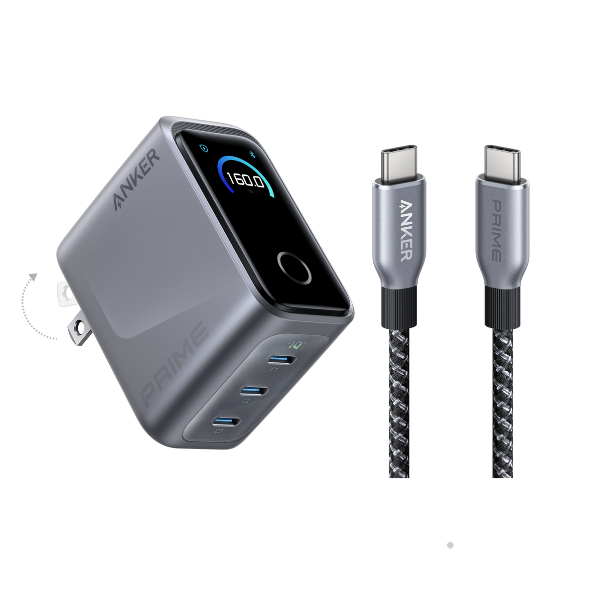 Bundle kit: Anker Prime Charger (160W, 3 Ports, Smart Display) with Anker Prime USB-C to USB-C Cable (240W, Upcycled-Braided)