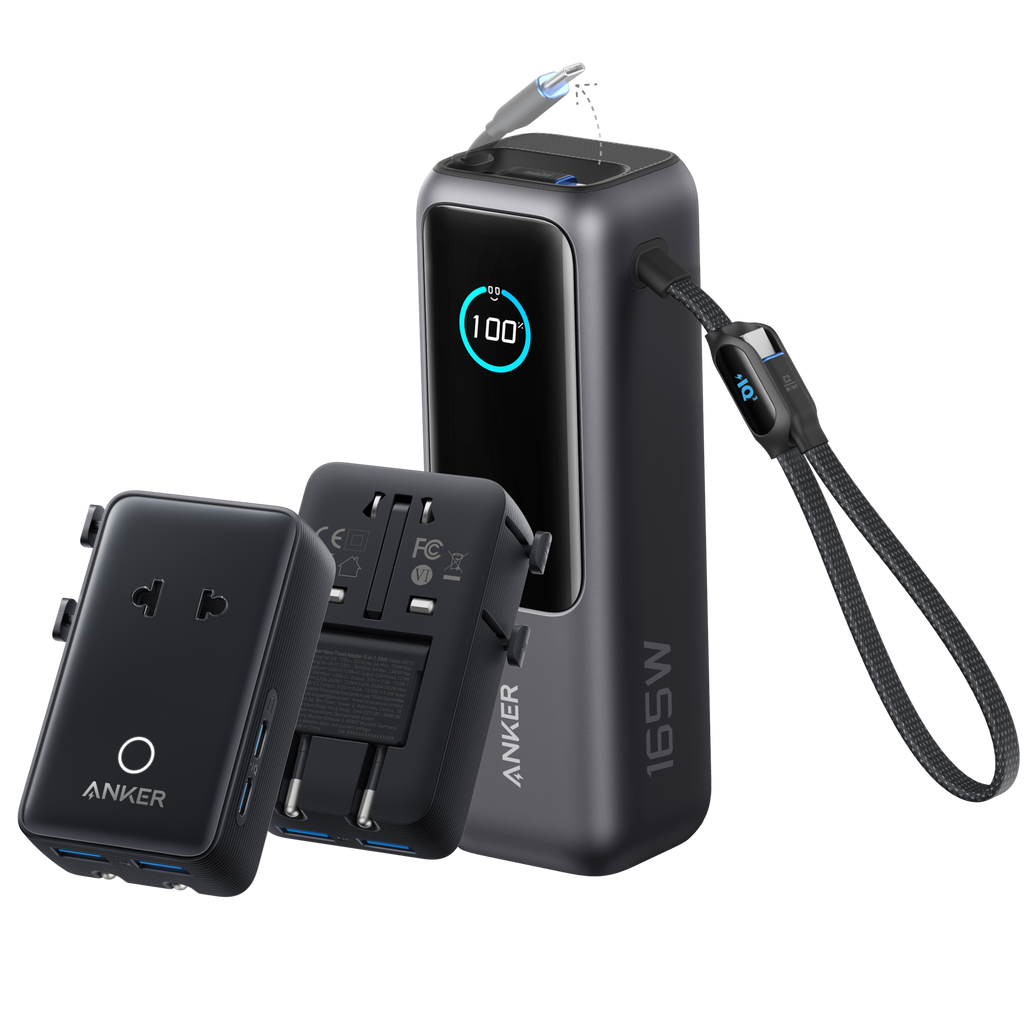 Bundle kit: Anker Laptop Power Bank (25K, 165W, Built-In and Retractable Cables) and Anker Nano Travel Adapter (5-in-1, 20W, 1-Pack)