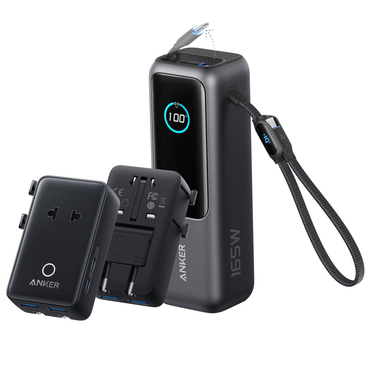 Bundle kit: Anker Laptop Power Bank (25K, 165W, Built-In and Retractable Cables) and Anker Nano Travel Adapter (5-in-1, 20W, 1-Pack)