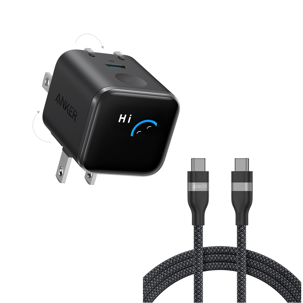 Anker Nano Charger (45W, Smart Display, 180° Foldable) and USB-C to USB-C Cable