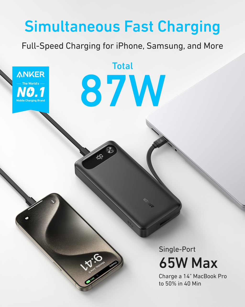 Anker Power Bank (20K, 87W, Built-In USB-C Cable) | Customizable